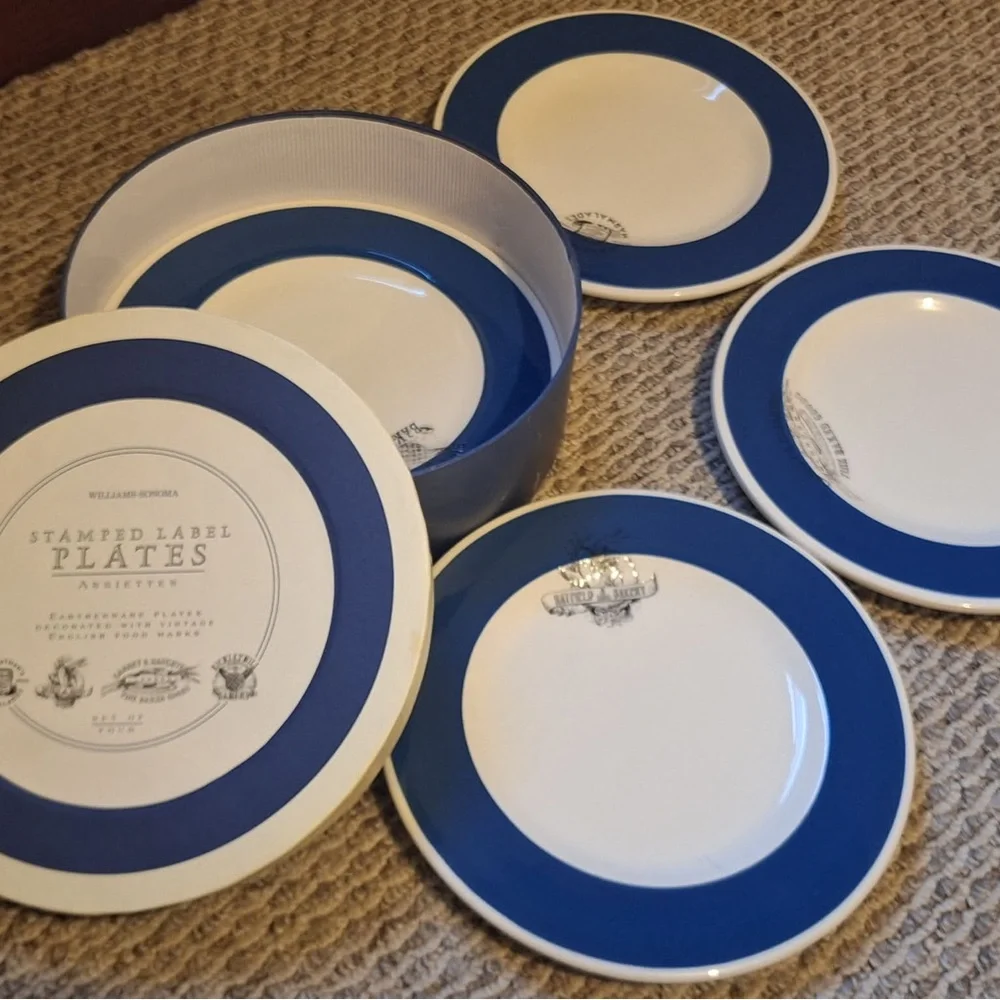 England Williams-Sonoma Blue Rim Stamped Plates - Set of Four Vintage Food Marks